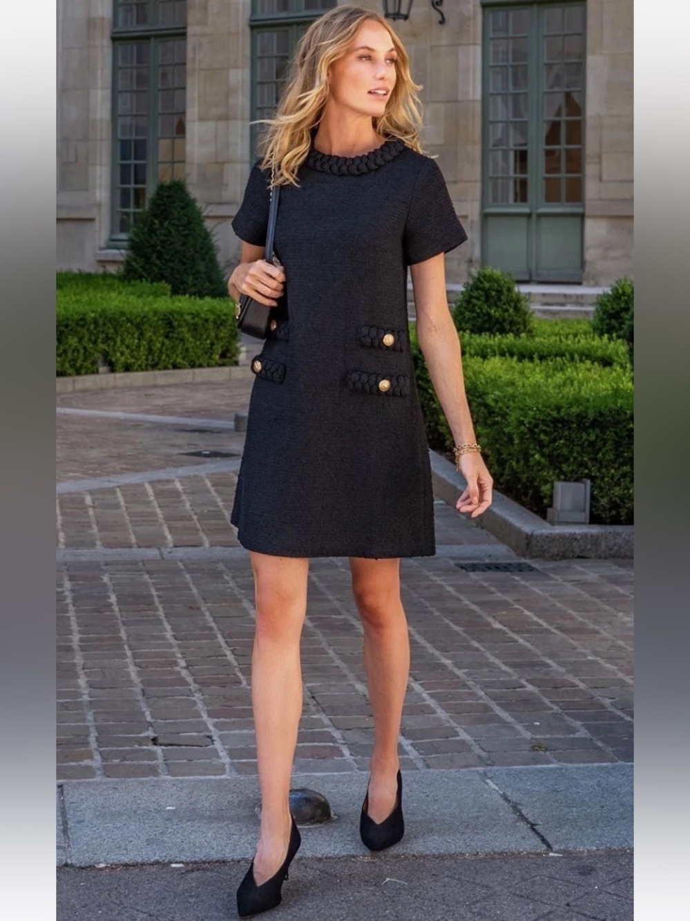 NWT Tuckernuck Black Tweed Jackie Dress Size Large Shift Mini Gold Crest Buttons